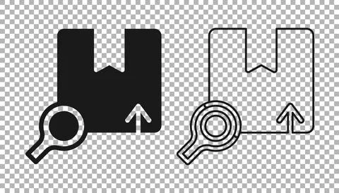 Black Search package icon isolated on transparent background. Parcel tracking Illustrazione stock