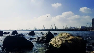 The black seashore and the harbor Stock Footage 85998239