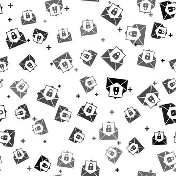 Black Secure mail icon isolated seamless pattern on white background. Mailing Stock Illustration