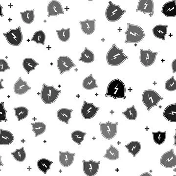 Black Secure shield with lightning icon isolated seamless pattern on white 스톡 일러스트