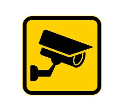 Black Security Camera Icon on Caution Yellow Background for Safety Signs Stock Illustration