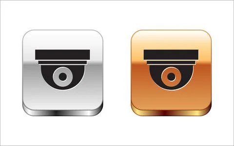 Black Security camera icon isolated on white background. Silver and gold square Illustrazione stock