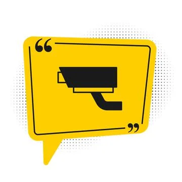 Black Security camera icon isolated on white background. Yellow speech bubble Stock Illustration