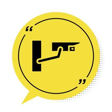 Black Security camera icon isolated on white background. Yellow speech bubble Stock Illustration