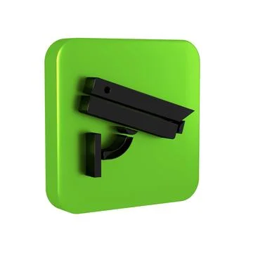 Black Security camera icon isolated on transparent background. Green square.. Illustrazione stock