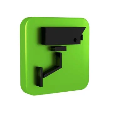 Black Security camera icon isolated on transparent background. Green square.. Illustrazione stock