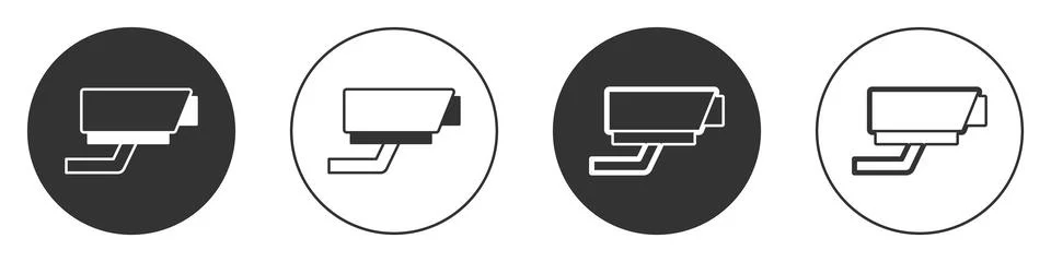 Black Security camera icon isolated on white background. Circle button. Vecto Illustrazione stock