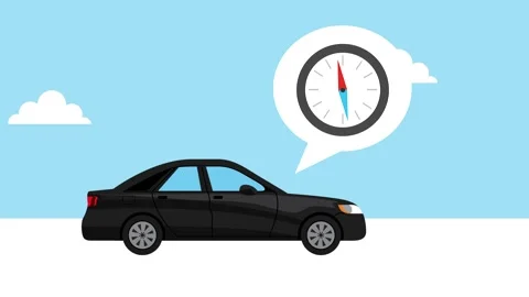 Black sedan car driving with navigation compass icon in speech bubble on bl.. Stock Footage 339115924