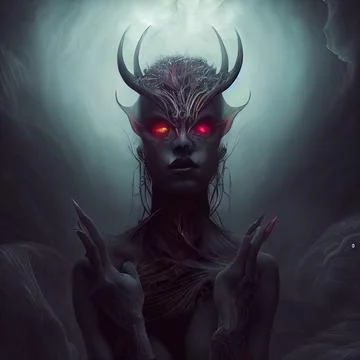 Black seductive female devil with crossed arms. Demon with burning eyes in th Stock Illustration