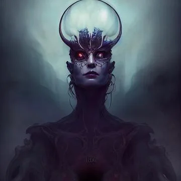 Black seductive female devil. Demon with burning eyes in the fog. Digital ill Stock Illustration