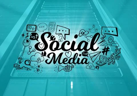 Black server with blue overlay and social media doodles and flares イラスト素材