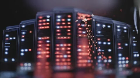 Black server cabinets form illuminated curved array Vídeo Stock 344110590