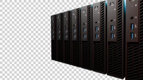 Black server rack row with blue ports isolated on transparent background Stock Illustration