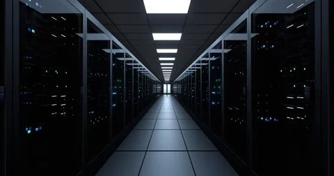 Black Server Room in modern data center. Cloud computing data storage 3d Stock Footage 139489342