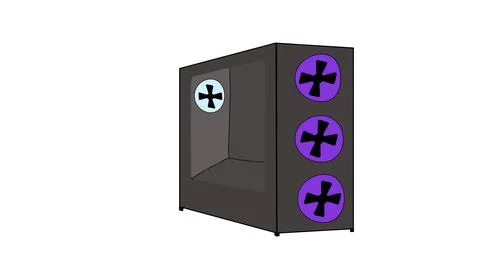 Black server tower cabinet blue power buttons plus signs ventilation slots Ilustração Stock