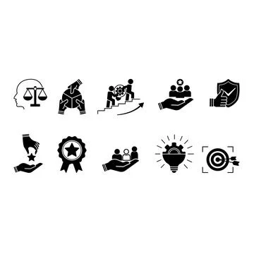 Black Set of Core Values Icons. Vector Icons Commitment, Innovation, Custom.. Stock Illustration