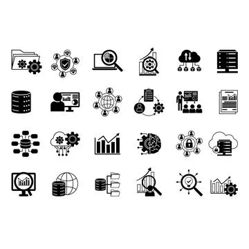 Black Set of Data Analytics Icons. Vector Icons of Monitoring, Network, Ser.. イラスト素材