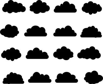 Black Set of Different shape cartoon white clouds on blue background. Vecto.. Illustrazione stock