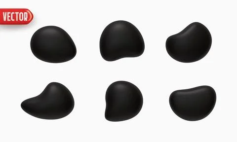 Black Set of flat liquid drops of different shapes of objects realistic 3d .. Stock Illustration