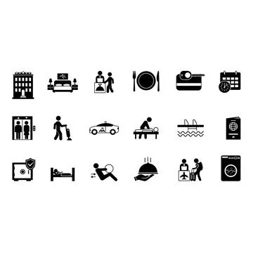 Black Set of Hotel Icons. Vector Icons Room, Taxi, Reservation, Passport, H.. Stockillustratie