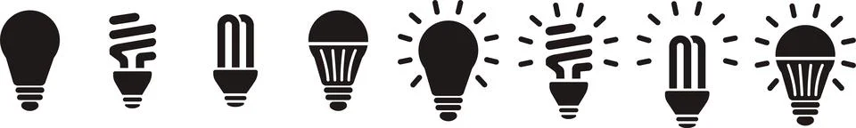 Black Set Light Bulb vector icon, Collection Idea icon. Lamp, Thinking conc.. Stock Illustration