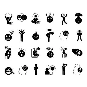 Black Set of Mood Icons. Vector Icons of Sad, Excited, Joyful, Angry Anxiou.. Stock Illustration
