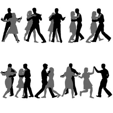 Black set silhouettes dancing man and woman on white background Illustrazione stock