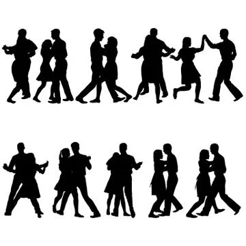 Black set silhouettes dancing man and woman on white background Stock Illustration