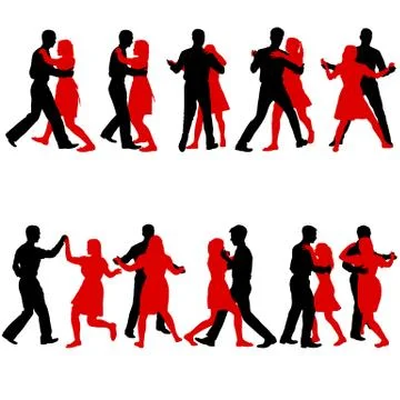 Black set silhouettes dancing man and woman on white background Stock Illustration