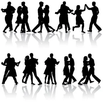 Black set silhouettes dancing man and woman on white background Stock Illustration