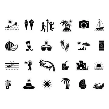 Black Set of Summer Icons. Vector Icons of Beach, Sun, Beach Volleyball, Wa.. Stock Illustration