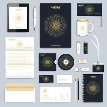 Black set of vector corporate identity template. Modern business stationery mock Stock Illustration