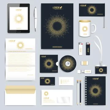 Black set of vector corporate identity template. Modern business stationery mock Stock Illustration