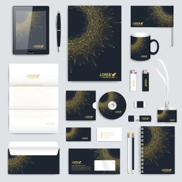 Black set of vector corporate identity template. Modern business stationery mock 스톡 일러스트