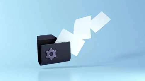 Black Setting Computer Folder With Flying Blank Documents 스톡 일러스트