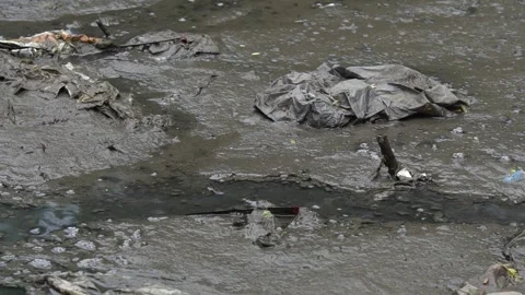 Black Sewage Sludge and Discarded Plastic Tarps in Contaminated Drainage Basin Stock Footage 345631410