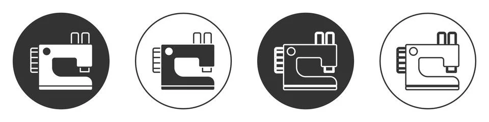 Black Sewing machine icon isolated on white background. Circle button. Vector Illustrazione stock