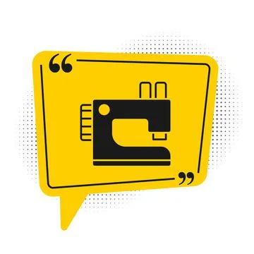 Black Sewing machine icon isolated on white background. Yellow speech bubble Stock Illustration
