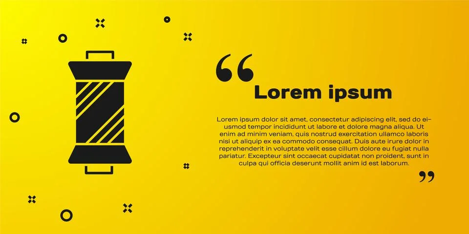 Black Sewing thread on spool icon isolated on yellow background. Yarn spool Illustrazione stock