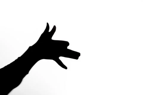 Black shadow in shape of dog composed from fingers on white Stock-Fotos