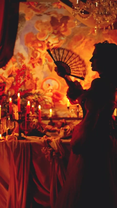 Black shadow silhouette medieval lady walking in dark room masquerade ball, warm Stock Footage 342410255