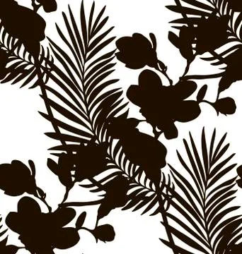 Black Shape Seamless Pattern with Drawn Flowers Plants Stock Illustration