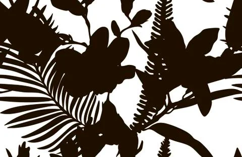 Black Shape Seamless Pattern with Drawn Flowers Plants Stock Illustration