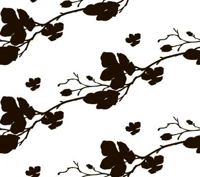 Black Shape Seamless Pattern with Drawn Cherry Blossom Stock Illustration