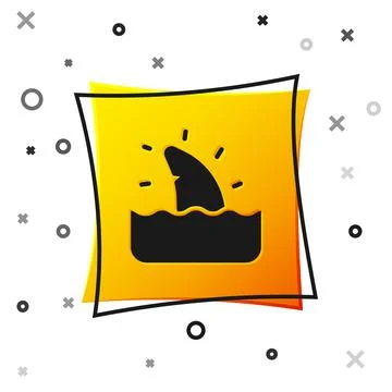Black Shark fin in ocean wave icon isolated on white background. Yellow squ.. Stock Illustration