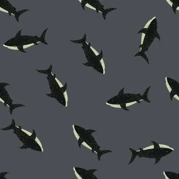 Black shark seamless random pattern with grey background. Tropical exotic pri Illustrazione stock