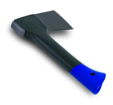 Black sharp small ax in the boot isolated on white backgound Foto stock