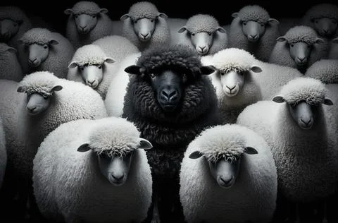 A black sheep surround with normal white sheep metaphor to be outstanding o.. Stock Illustration
