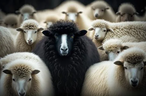 A black sheep surround with normal white sheep metaphor to be outstanding o.. Stock Illustration