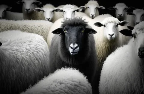 A black sheep surround with normal white sheep metaphor to be outstanding o.. Illustrazione stock